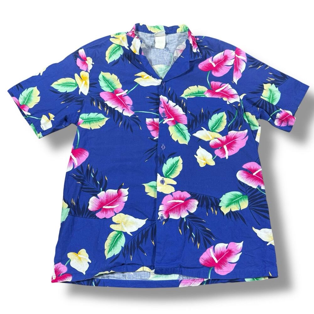 Vintage 90s Sun Bay Hawaiian Shirt Mens Large Blue Pink Floral Palm Tree Beach‎
